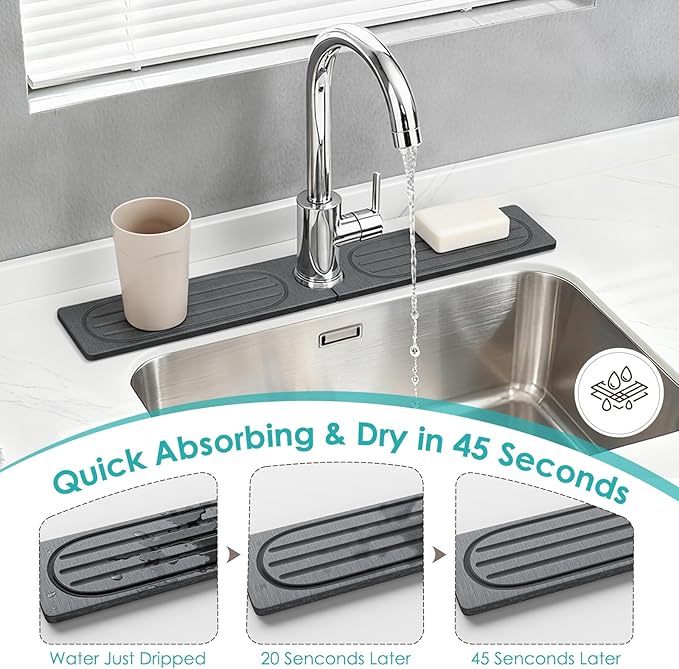 4Pcs Stone Faucet Mat for Kitchen Sink, Diatomite Quick Dry Water Absorbing