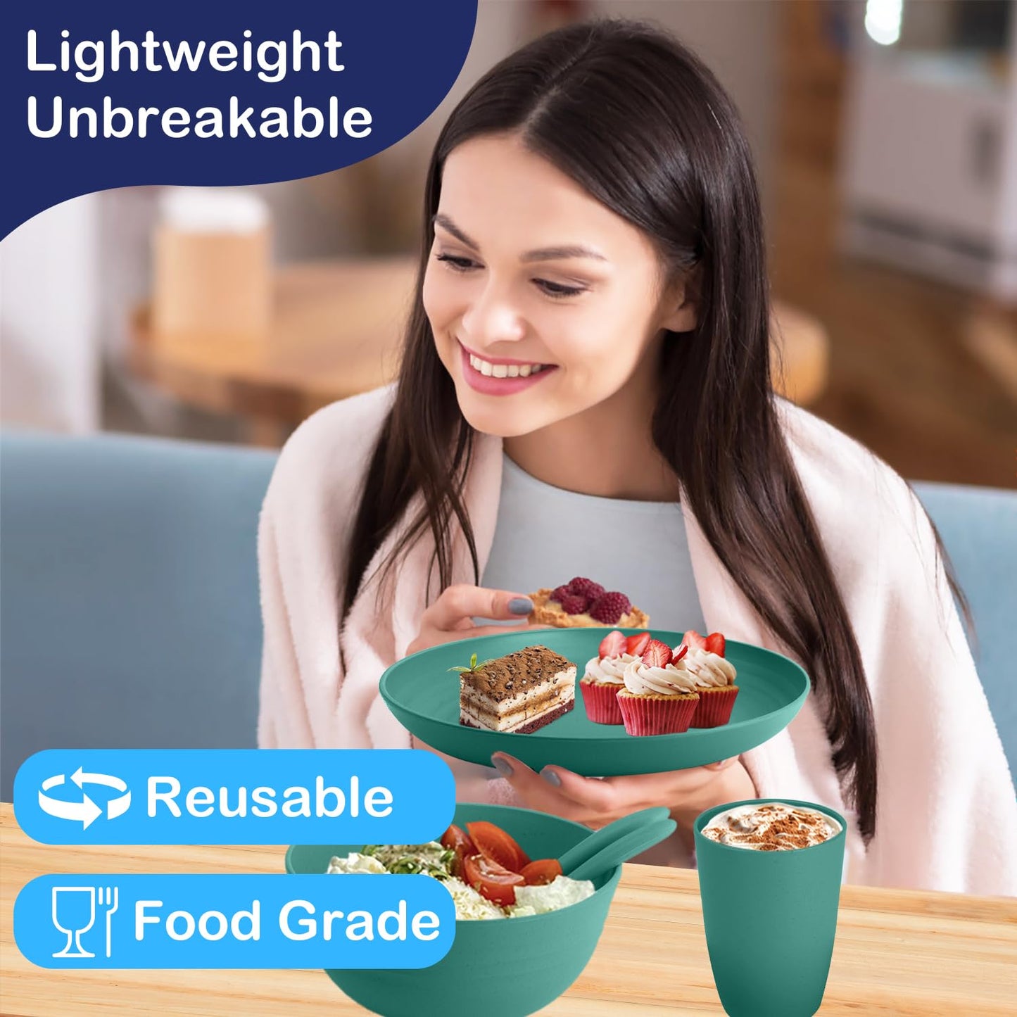 Wheat Straw Dinnerware Set 40-Piece Service for 8 Unbreakable Dishes Set Plates and Bowls Sets Drinking Glasses Microwave Safe Dish Set Lightweight Dinnerware Set for Home & Kitchen - Yellow