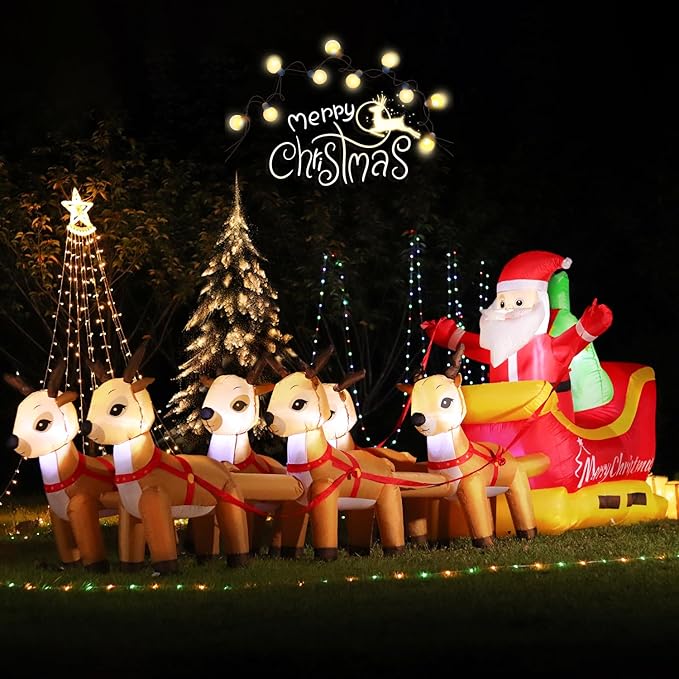 DomKom 13.6 FT Christmas Inflatable Outdoor Santa Claus on Sleigh with Six Reindeer, Building LED Lights, Blow Up Yard Decoration for Party Garden Lawn Winter Decor