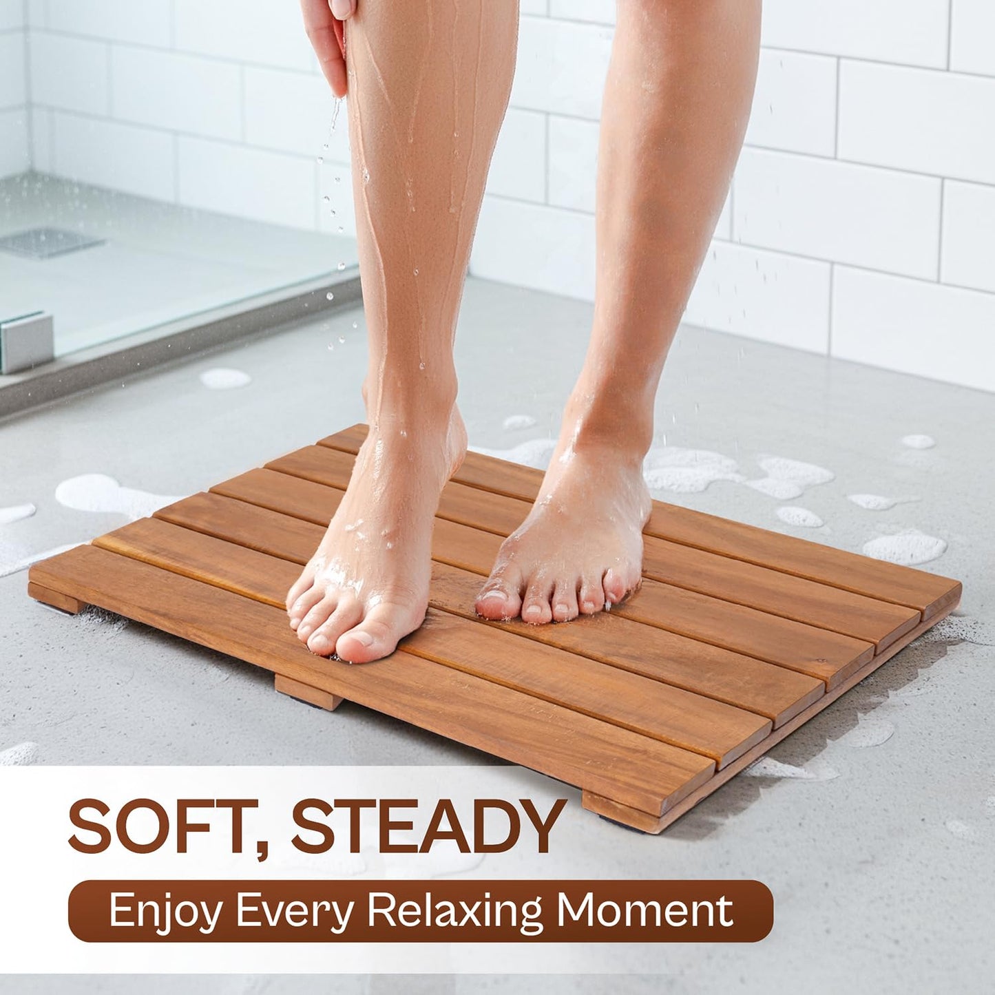 AN68 Wooden Shower Mat 13×20 in – Solid Acacia Wood Bath Mat, Non-Slip Feet, Slatted Fast-Drainage Design – Spa, Bathroom & Outdoor Use (Acacia)