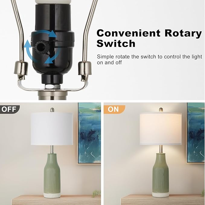 24.5" Ceramic Table Lamps Set of 2, Modern Farmhouse Bedside Lamps for Bedroom Nightstand, Small Light Green Lamp for Living Room End Table (2 LED Bulbs Included)