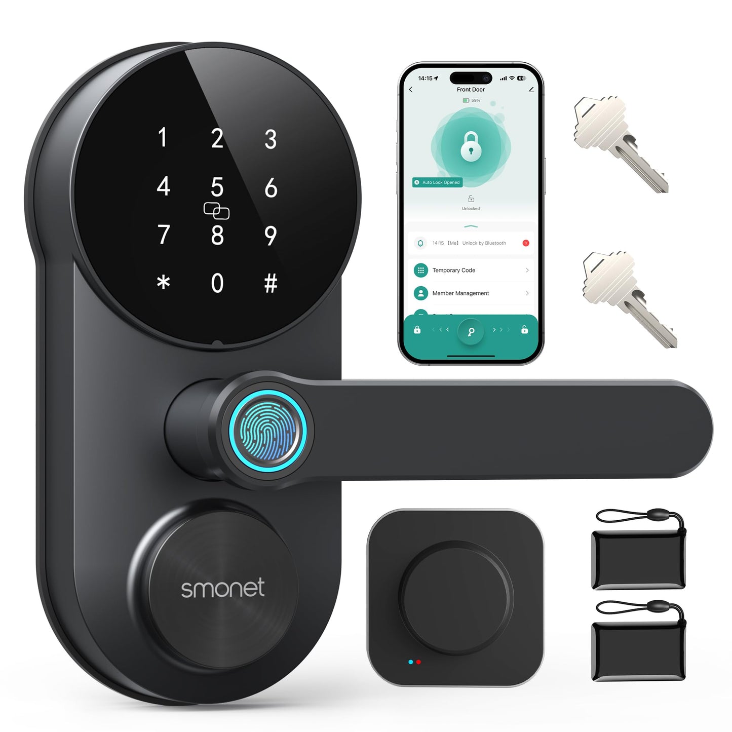 Smart WiFi Door Lock with Handle: SMONET Keyless Entry Lock with Fingerprint for Front Door Anti-peep Keypad Compatible with Alexa