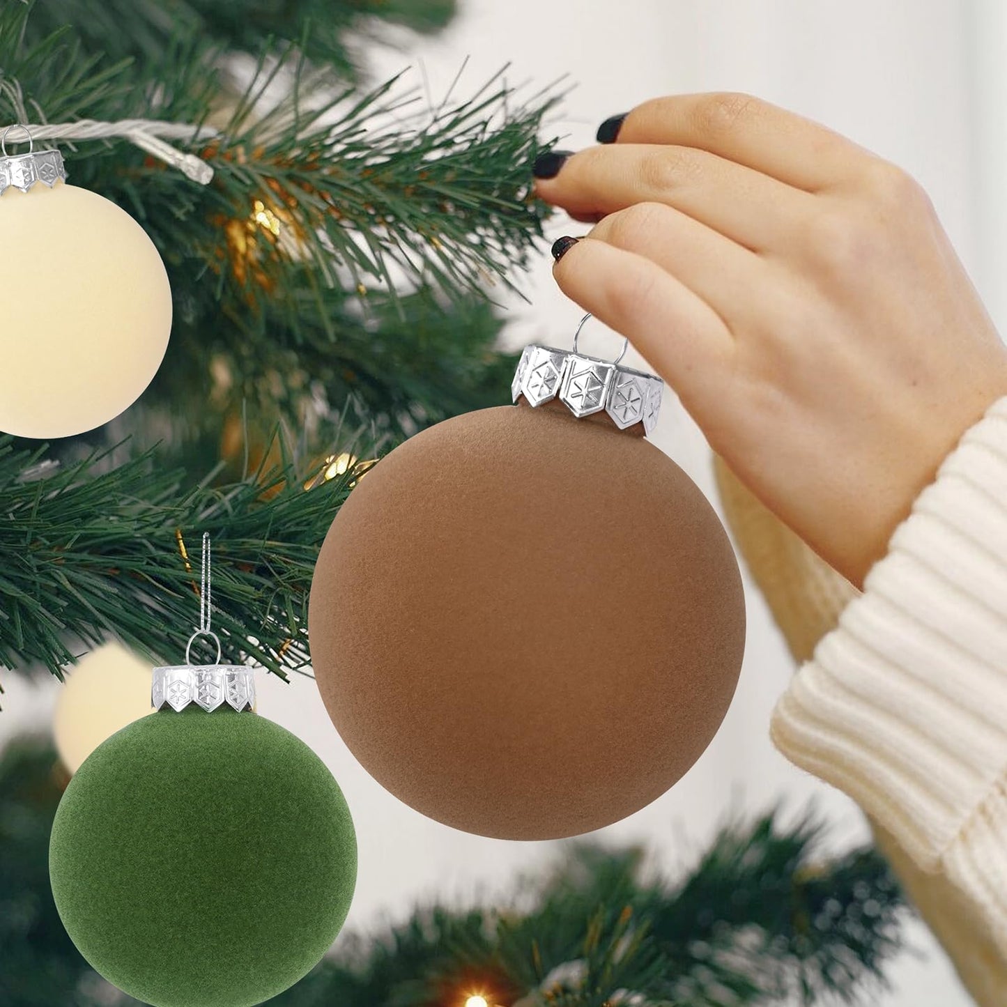 Waipfaru 15 Pcs(3.9 In/100 mm) Velvet Christmas Ornaments Balls Set, Brown Green Neutral Christmas Tree Ornaments, Flocked Xmas Tree Balls for Xmas Holiday Party Decorations