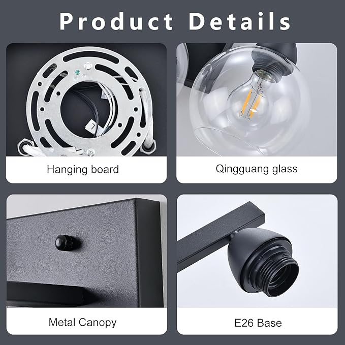 Bathroom Light Fixtures, 1-Light Matte Black Vanity Light with Hand-Blown Thick Glass Shade, High Clarity & Durable, Wall Sconce for Mirror, Kitchen, Bedroom, Hallway