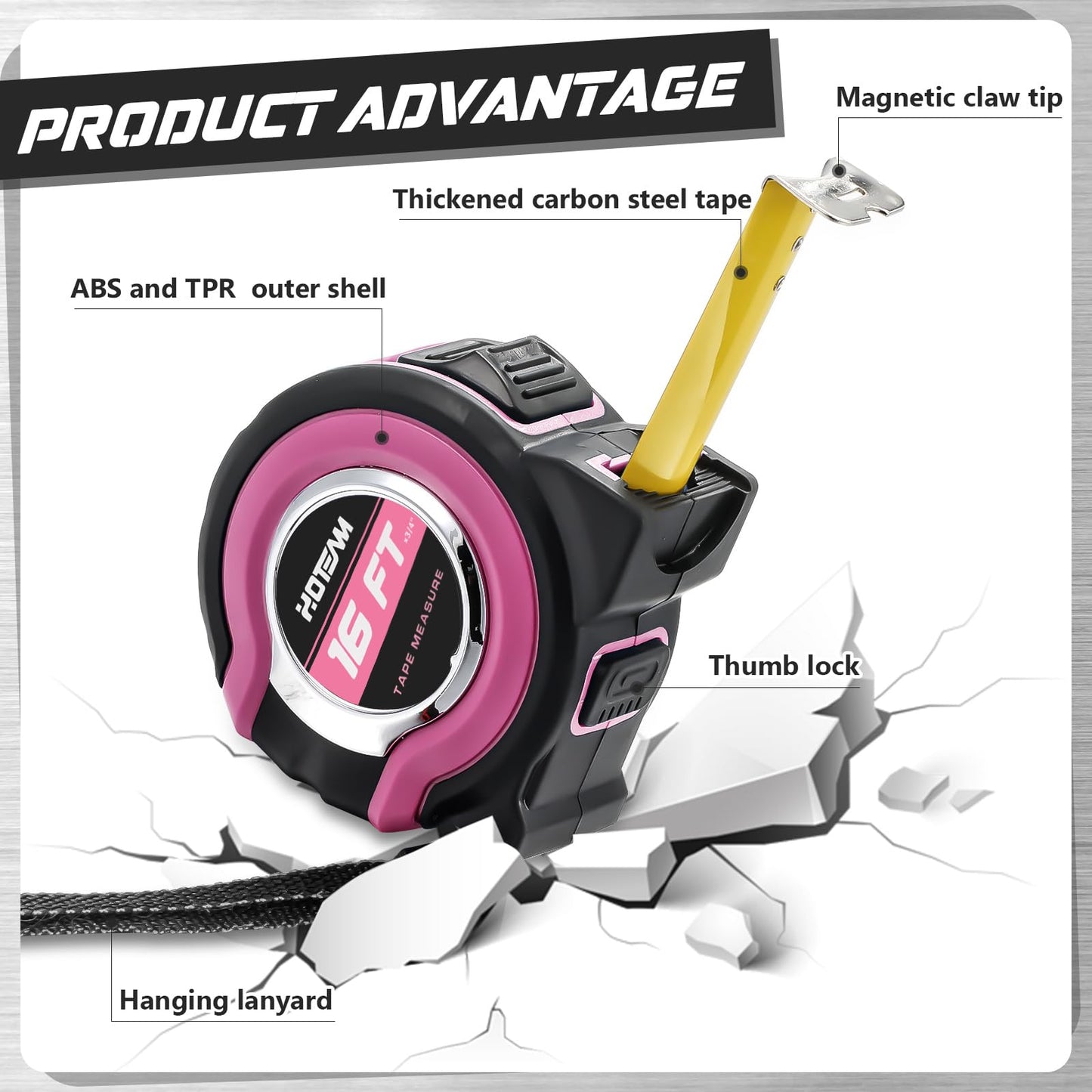 Hoteam 2 Pcs Pink Tape Measure Retractable with 1/8 Fractions Lightweight Pink Measuring Tape Accuracy 1/32 with Magnetic Hook Lock Button Easy to Read Measurement Tools(16 ft)