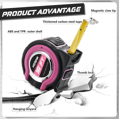 Hoteam 2 Pcs Pink Tape Measure Retractable with 1/8 Fractions Lightweight Pink Measuring Tape Accuracy 1/32 with Magnetic Hook Lock Button Easy to Read Measurement Tools(16 ft)