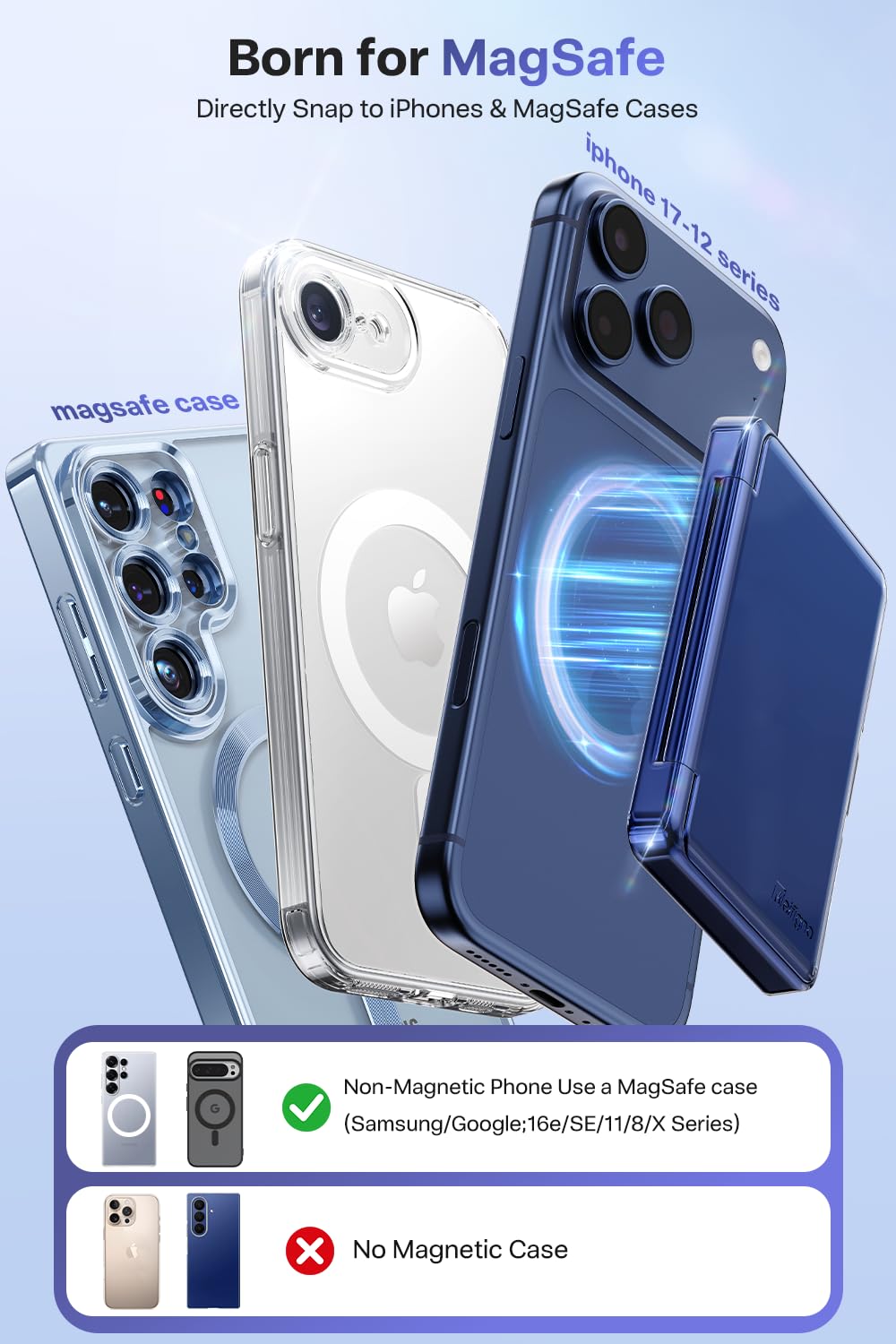 Meifigno Strong Magnetic Phone Wallet with Mirror & Kickstand, Magnetic Phone Card Holder (3-4 Cards & Cash) Compatible with iPhone 17/16/15/14/13/12 Series, Metal Plating Glossy, Deep Blue