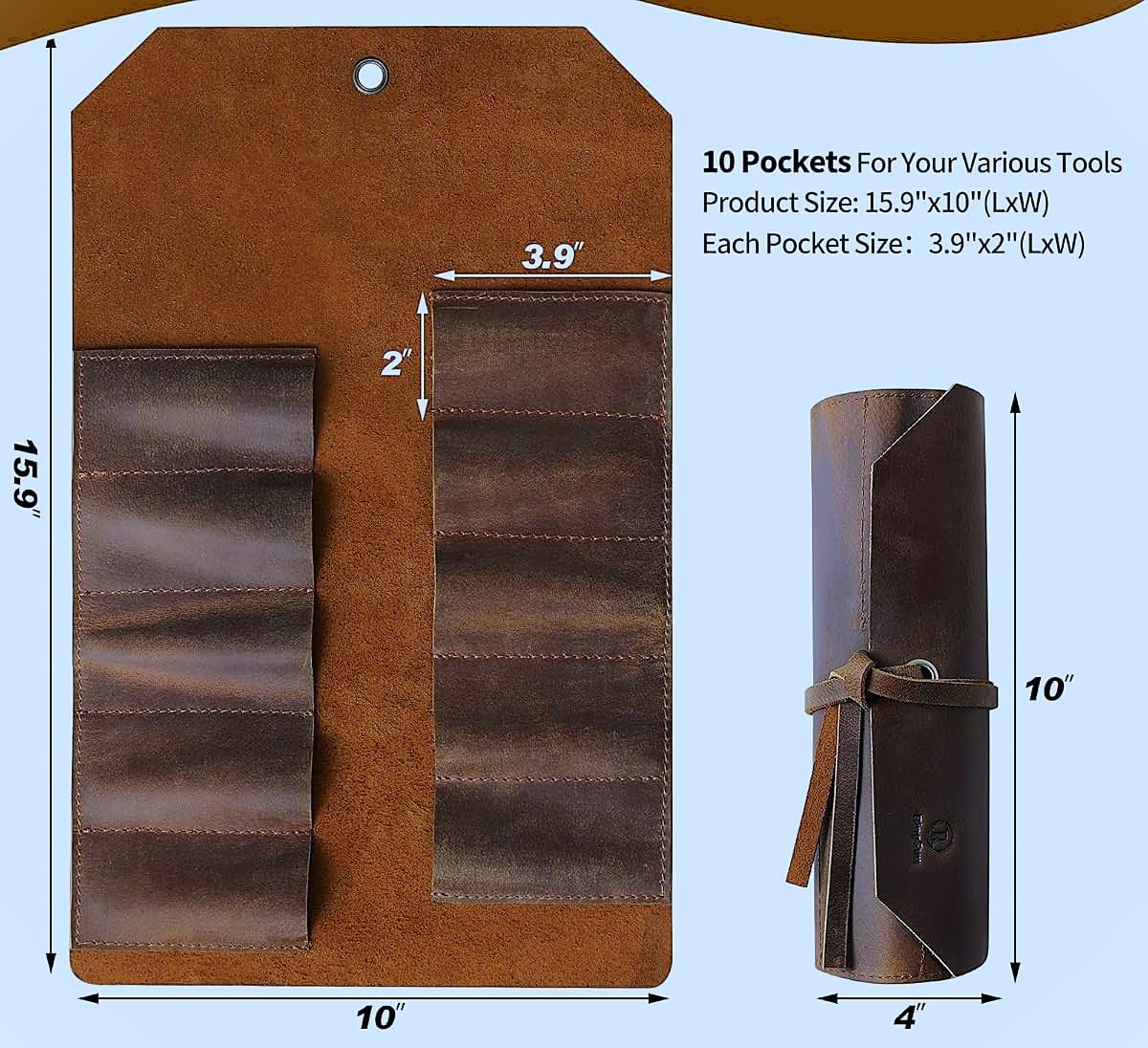 Leather Tool Roll Up Pouch (10 Slots) - Leather Tool Wrench Roll/Chisel Bag Portable Carry-On Pouch, Workshop Storage, Woodworking Tools Organizer (Mustard Brown)