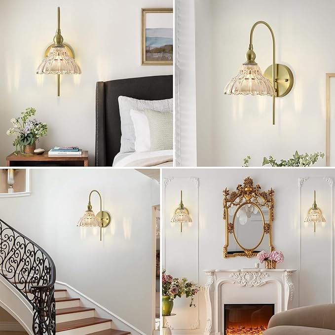Vintage Wall Sconces with Amber Flower Glass Lampshade, Indoor Bath-Room Wall Sconce, Modern Gold Industrial Lighting Fixture for Mirror Living Room Hallway 2 Pack