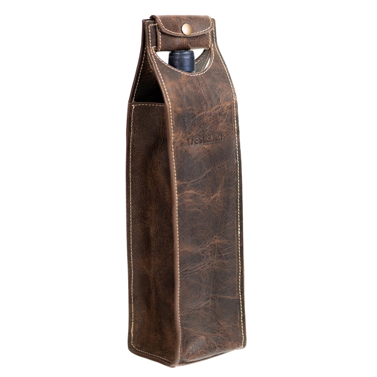 Leather Tote Wine Carrier Bag | Premium Quality Single Bottle Carry with Strong Handles, Full Grain Leather & Metal Buckle - Protective Carrier for Picnic, Wine Champagne Gift Bag in Chocolate