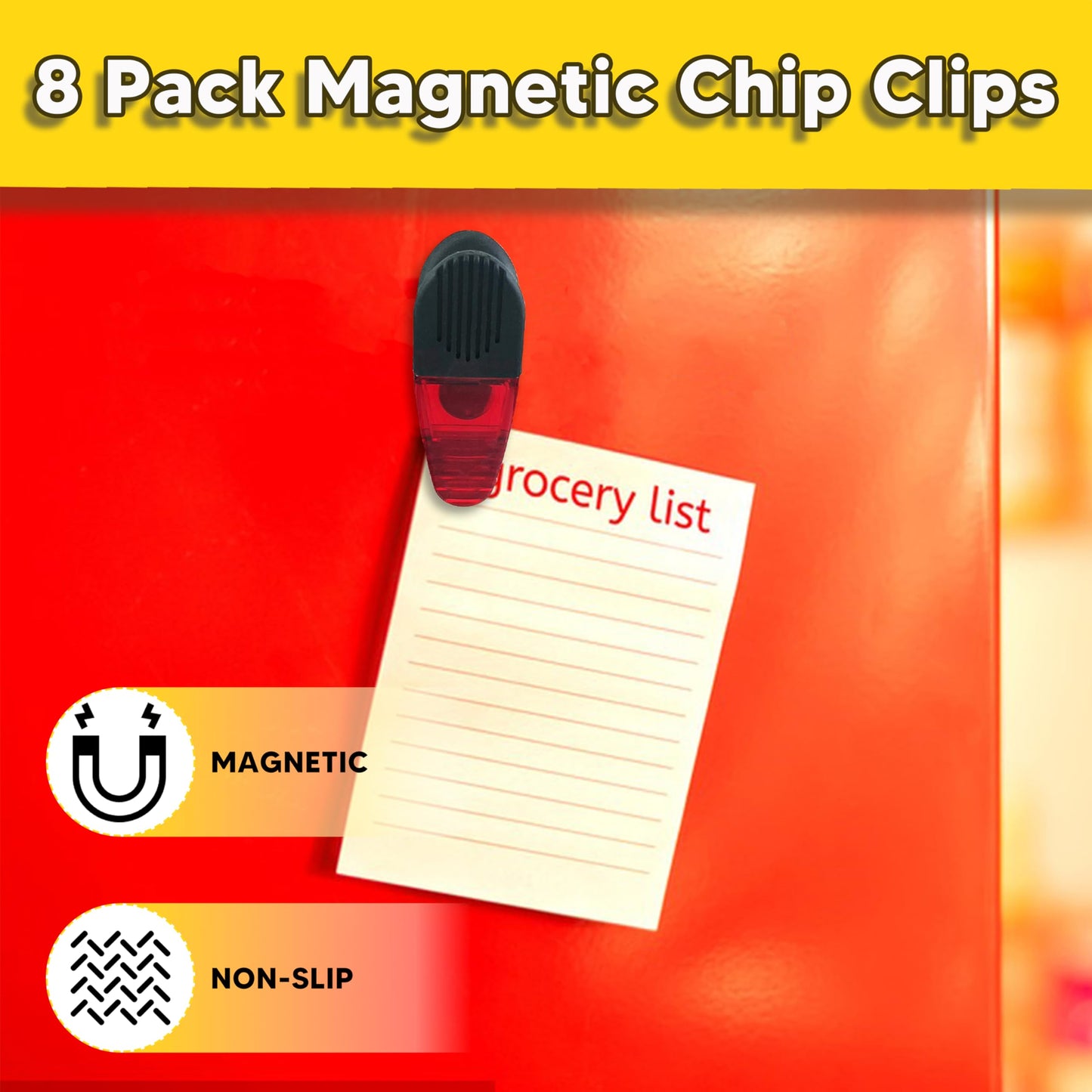 YIYITOOLS Magnetic Chip Clips 8 Pack - Heavy Duty Refrigerator Magnet Clip for Food Bags, Chip Bag Clips with Strong Grip, Non-Slip Rubber Teeth, Durable Plastic&Powerful Spring, Fridge Magnet Clip