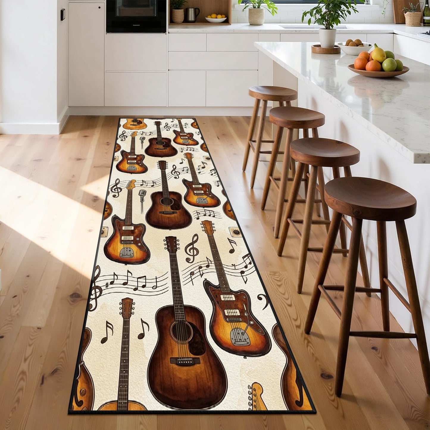 Vintage Guitar Runner Rug, 2x7ft American Style Studio Rug Musical Note and Acoustic Guitar Instrument Design, Musical Carpet for the Bedroom, Living Room, Classroom, Study, or Play Area