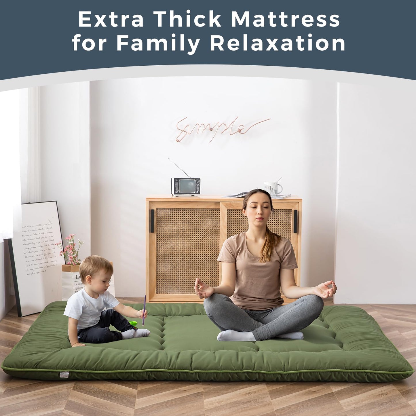 MAXYOYO 6" Extra Thick Japanese Floor Mattress Futon Mattress, Foldable Tatami Pad for Adults, Roll Up Floor Mat for Living Room Guest Room RV, Green, Queen