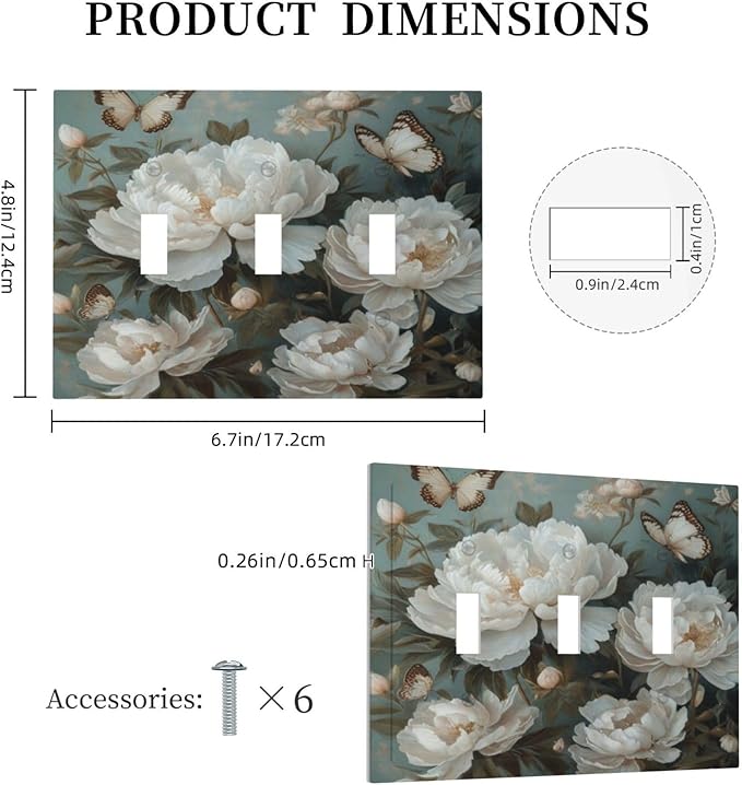 Decorative Art Light Switch Covers Butterflies & Peonies 3 Gang Triple Toggle Wall Plate Decorative Switch plate Electrical Faceplate for Home Decor