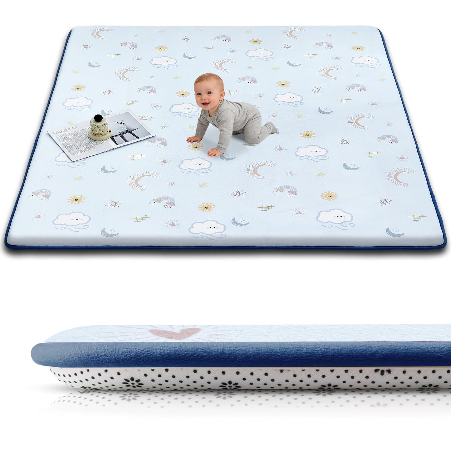 TreeBud Baby Play Mat for Floor, 1.3-Inch Thickened Foam Soft Padded Playmat for Tummy Time, 50x50 Water-Repellent Coral Velvet Playpen Mat for Toddlers Infant Kids, Sky Theme