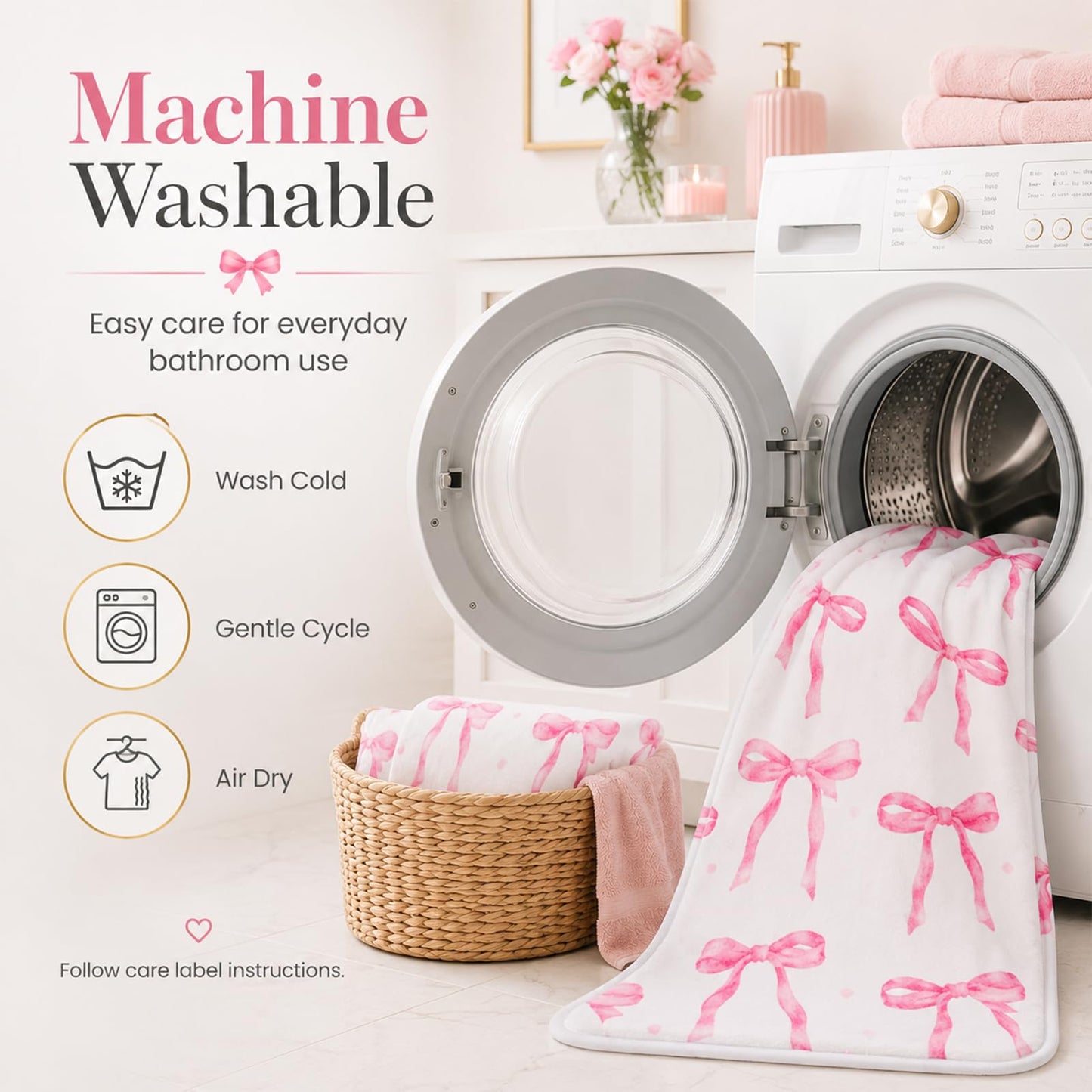 HAIWAOO Memory Foam Bath Mat with Pink Bow Pattern, Comfortable, Soft, Non-Slip, Super Absorbent, Quick Drying Bath Rug for Bathroom,Floor, Tub & Shower, Machine Washable (32INX20IN, Bow)