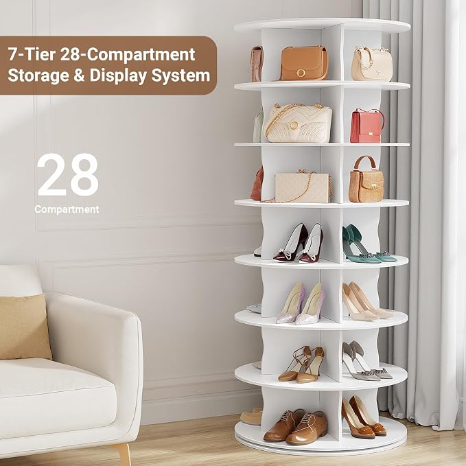 5-Tier Rotating Standing Shelf Unit with Dividers, 360° Storage Display Tower Vertical Floor Organizer, for Bedroom, Closet, Entryway & Office, Ideal for Shoes, Cosmetics & Handbags, White