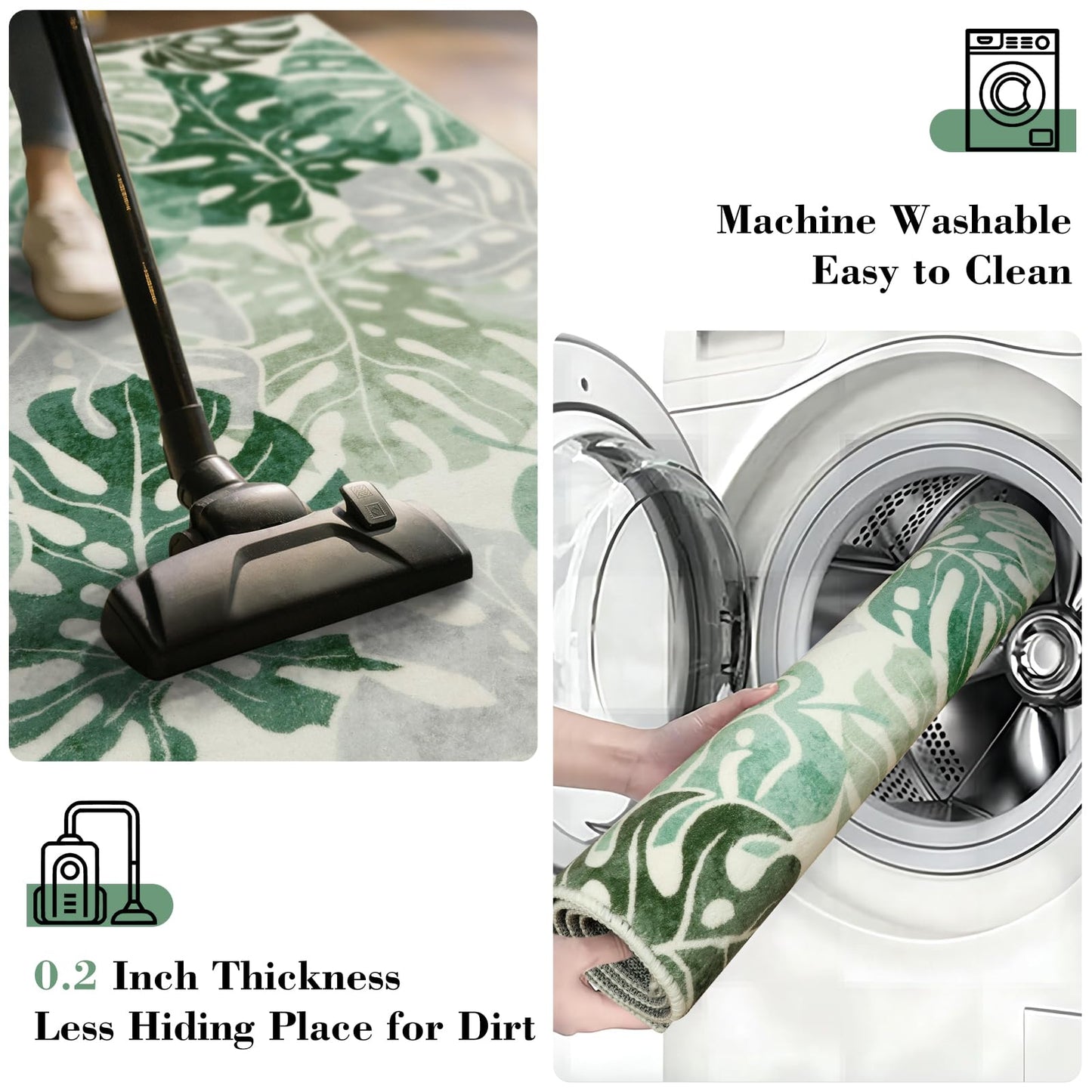 Wonnitar Monstera 3x5 Washable Rug, Sage Green Leaf Area Rugs for Bedroom, Non-Slip Living Room Entry Throw Mat, Low Pile Faux Wool Indoor Carpet for Kitchen Bathroom Office