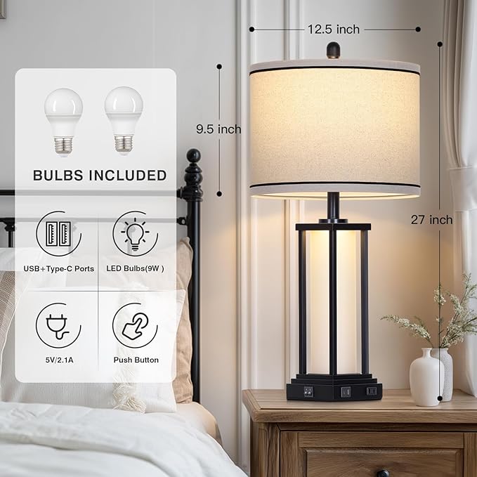 27in Tall Farmhouse Table Lamp with USB C+A & Outlet,Black Industrial End Table Lamp for Living Room,Vintage Rustic Bedside Lamp with Night Light for Bedroom Nightstand,Single Black