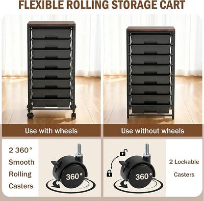 Rolling Cart with 8 Drawers, Storage Drawers Cart with Wooden Tabletop and Lockable Wheels, Craft Storage for Living Room, Office, Classroom, Craft Room, Bedroom (Black)