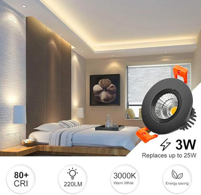 2 Inch LED Downlight, 3W Recessed Lighting COB Dimmable, 3000K Warm White, CRI80, Black Trim, Ceiling Lights with LED Driver, 1 Pack