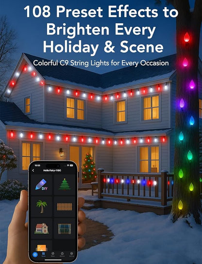 Popotan C-9 LED Christmas Lights Outdoor, 33FT 50 LEDs Smart RGB String Lights with App Remote Control, 108 Modes, Waterproof for Porch, Fence, Holiday Decoration,Halloween Lights
