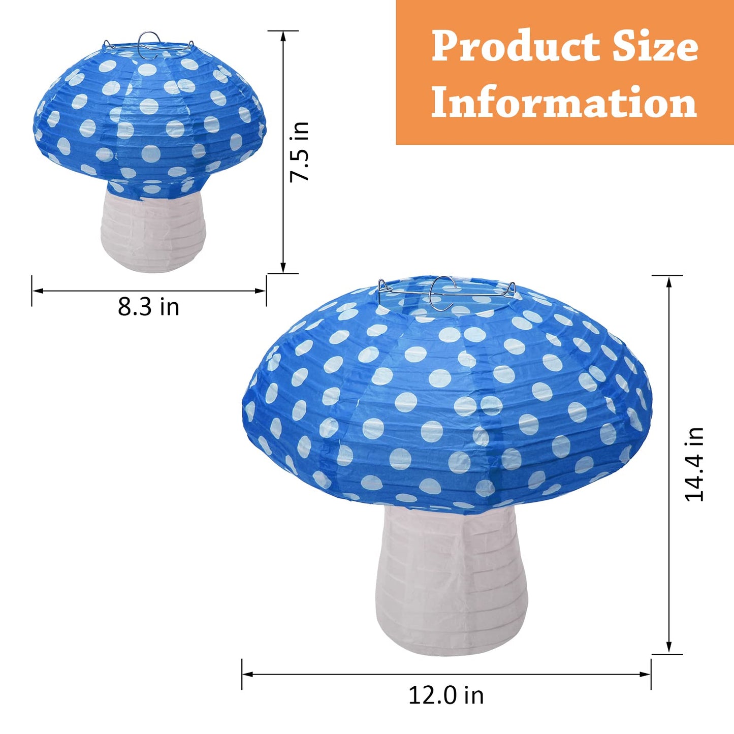 4Pcs Mushroom Shaped Paper Lanterns - Large Mushroom Shaped Lanterns For Nursery, Garden, Christmas Party Decoration - 8 inch, 12 inch (Blue)