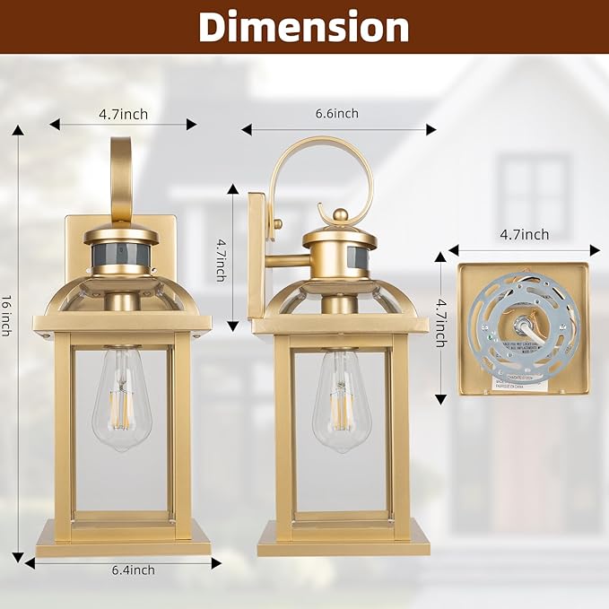 Gold Motion Sensor Outdoor Light Fixtures Dusk to Dawn 2-Pack, 16 Inch Aluminum Anti-Rust Large Brass Outdoor Sconces Wall Mounted Lamps Photocell Outside Lights for House Front Porch
