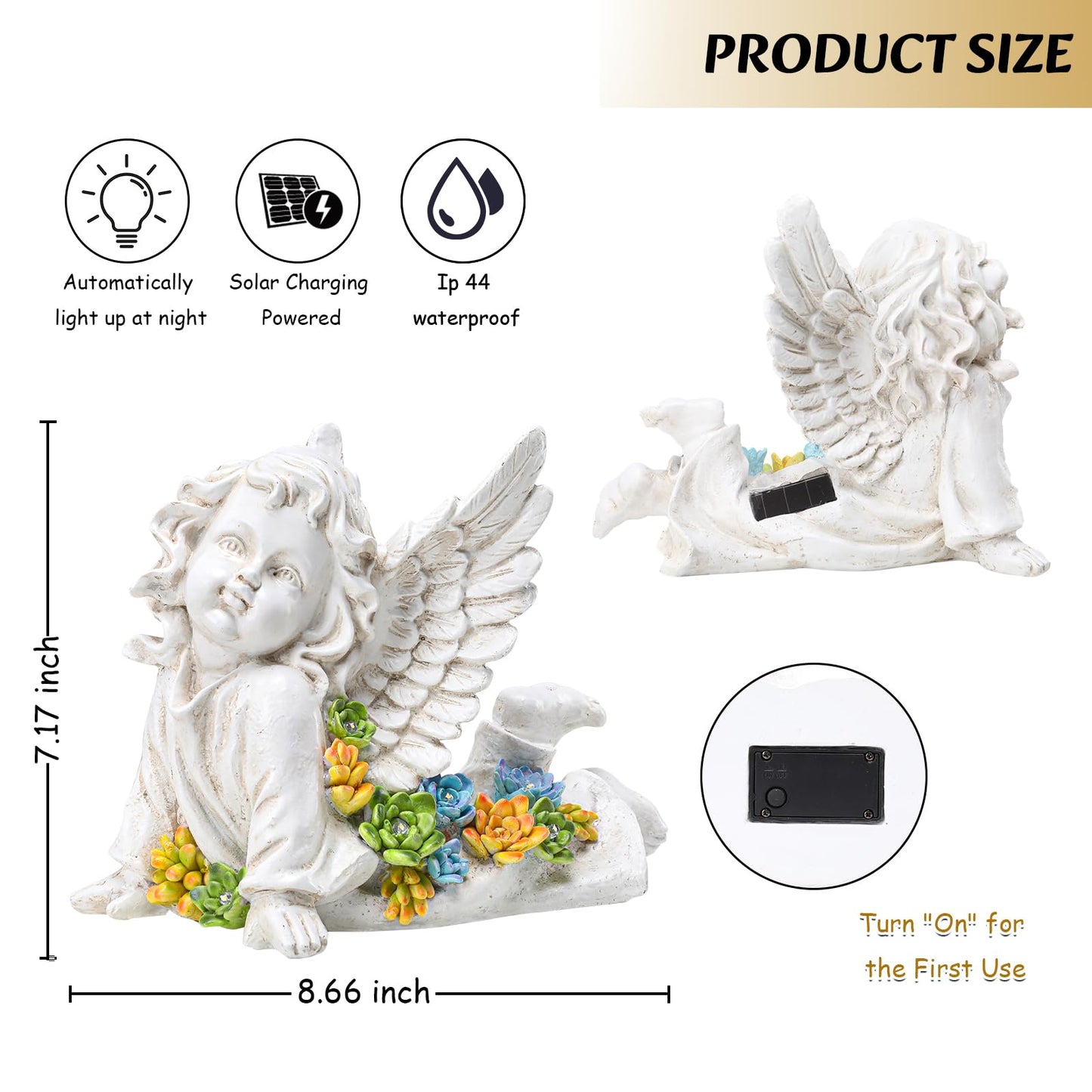 Solar Cherub Angel Outdoor Garden Decor Statues - 7 inches Baby Angel Figurines Outdoor Sculptures with Succulent, Garden Statues for Outside, Patio, Balcony, Lawn Ornaments or Housewarming Gift