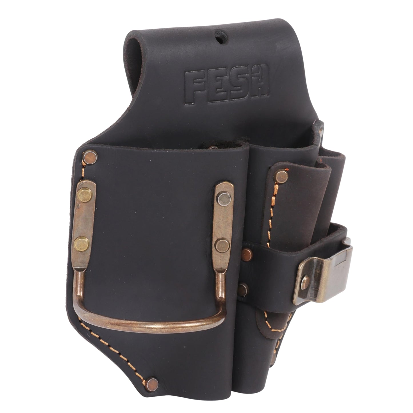 FESA Durable Leather Pliers Holster - Heavy Top Grain Leather Double Plier Holder for Belt with Steel Hammer Holder, Tape Clip & 2 Carpenter's Pencil Pockets - Clip On Any Belt - Handcrafted (Brown)