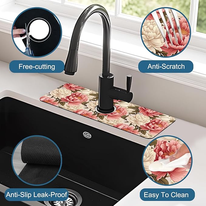 Beautiful Peony Sink Splash Guard Bright Peonies Faucet Absorbing Mat Fast