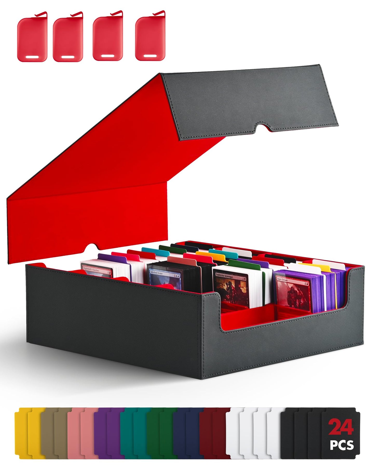 ZLCA Card Storage Box for MTG PTCG, Commander Deck Box Holds 3200+ Cards, Trading Card Storage Case with 4 Stoppers, Card Organizer for TCG Sport Cards(Black&Red)