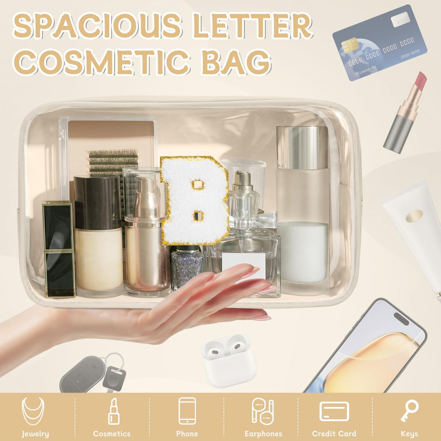 WELIDAY Initial Clear Makeup Bag, Birthday Gift Preppy Chenille Patch Cosmetic Bag, Initial Travel Essentials Beach Toiletry Pouch, Ideal Gift for Teachers & Moms, Women and Girls (Beige, B)