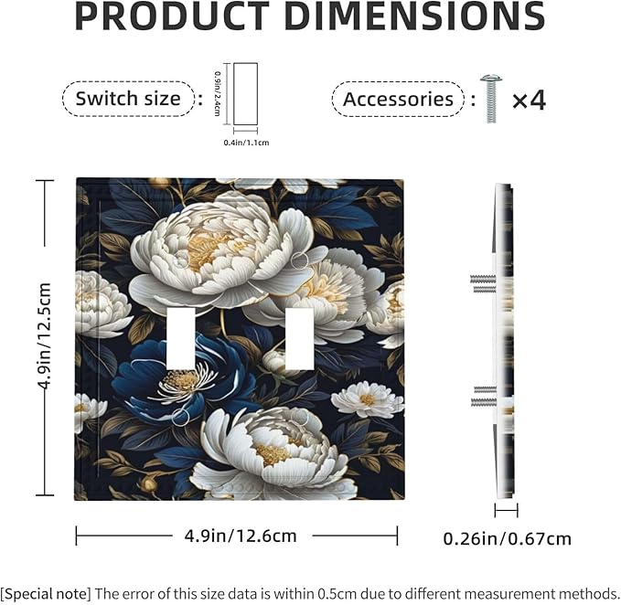 White Gold Blue Flower Light Switch Covers Double Toggle 2 Gang Wall Plate Dual Decorative Switchplate Electrical Faceplate for Farmhouse Living Room Decor