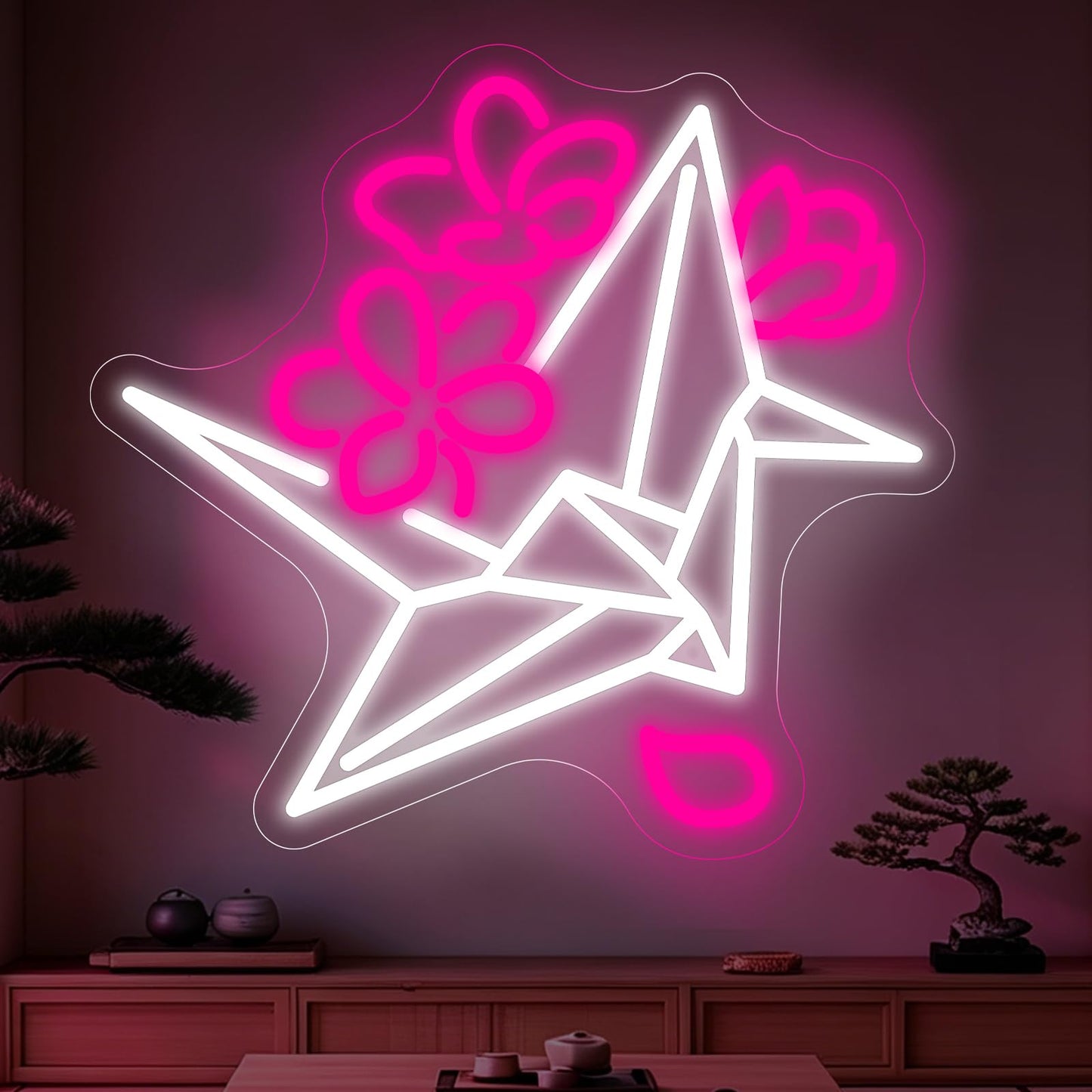 Origami Paper Crane Neon Sign, Flower Crane LED Neon Sign Wall Decor for Bedroom Living Room, Neon Signs for Wall Decor Aesthetic Gift for Her 13.8” × 13”