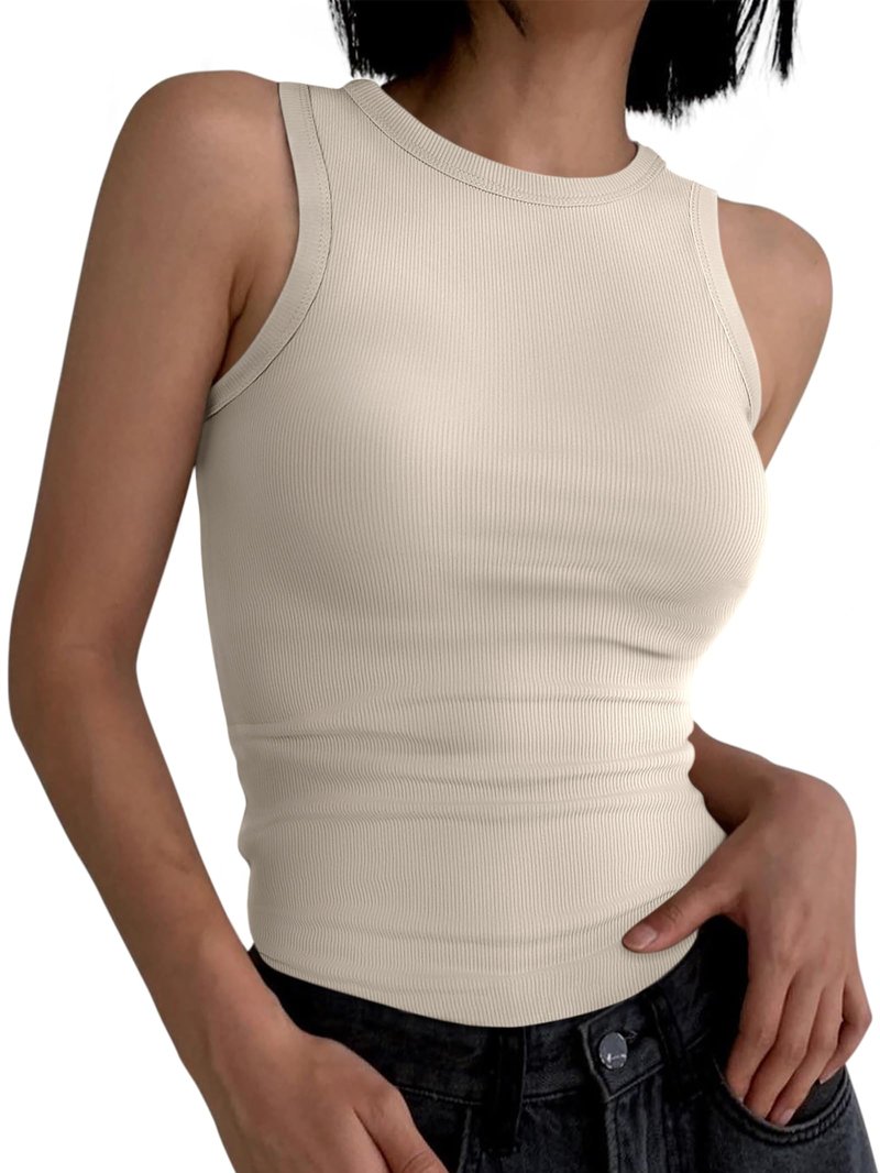 ANRABESS Womens Sleeveless High Neck Tank Tops Fashion Summer Casual Basic Slim Fit Ribbed Racerback Top Shirt Clothes Beige Large
