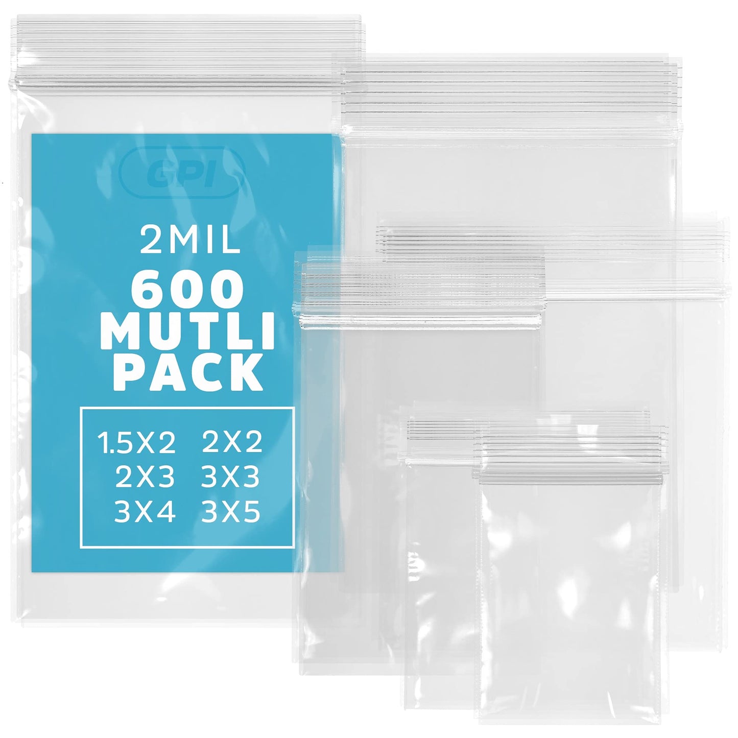 Assorted Clear Plastic Zip Bags - GPI 600 Pack - 2 Mil, 6 Sizes, 1.5"x2"-2"x2"-2"x3"-3"x3"-3"x4"-3"x5", Durable Poly Baggies, Resealable Zip Top Lock for Jewelry, Storage, Packaging & Shipping.