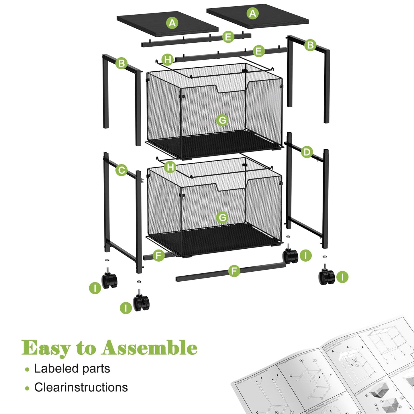 Sbanmao Letter/Legal Rolling File Cart with 2 Storage Drawers, Under Desk Storage, Vertical Filing Cabinet for Home Office, Hanging File Folders Organizer, Mobile Utility Cart Printer Stand, Black