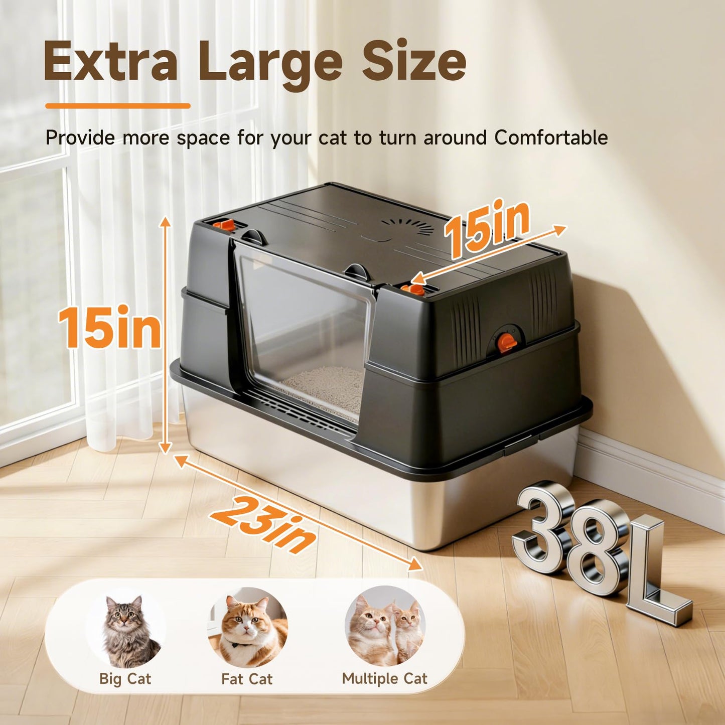 KISENG Stainless Steel Litter Box with Lid, High Sided Enclosed Metal Litter Box for Big Cats, Easy Cleaning Anti-Urine Leakage, Non-Sticky Cat Box, Front Entry Top Exit KittyBox, Includes Mat & Scoop