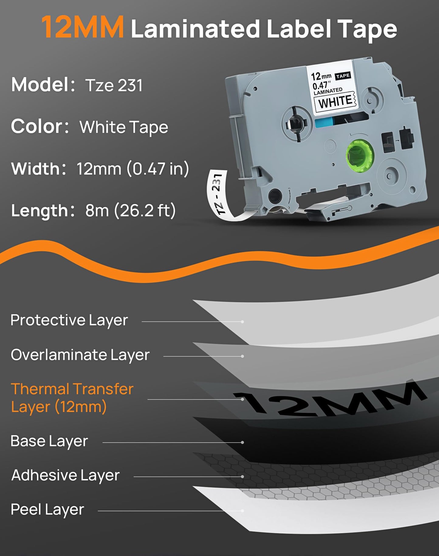 BORN4SHIP Label Maker Tape 12mm 0.47 Laminated White, Replace for Brother P Touch Label Tape Refills, Tze 231 Tz Tapes Compatible with Brother PT-H100 H110 D200 D210 D220 D400 D410 D600 Etc, 4 Packs