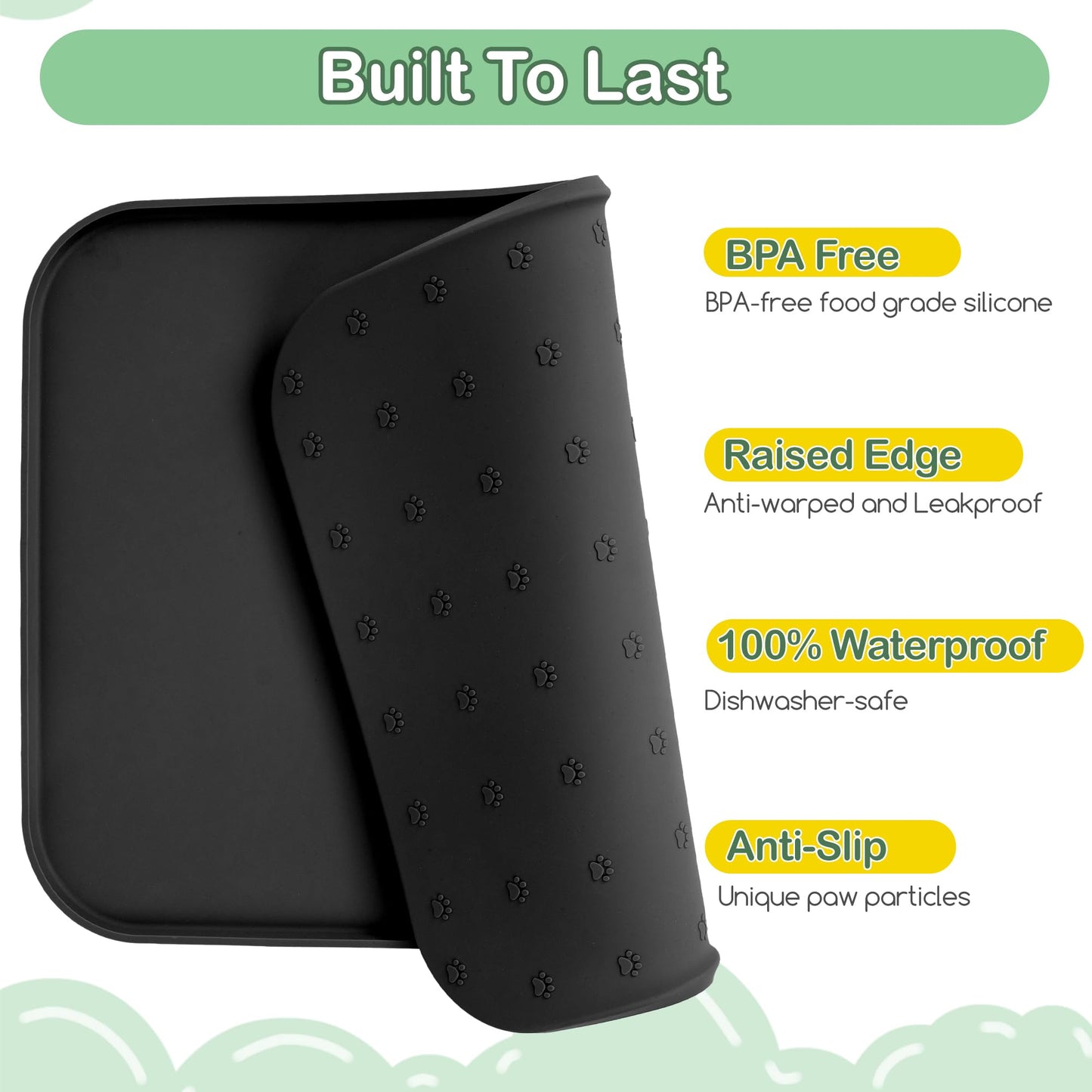 Greatbond 100% Waterproof Silicone Pet Feeding Mat,Warped Resistant Raised Edge BPA-Free Dog Cat Food Mats, Non-Slip Pet Placemat with High Lip to Prevent Spills, Dishwasher Safe, 21.5"x14" Black