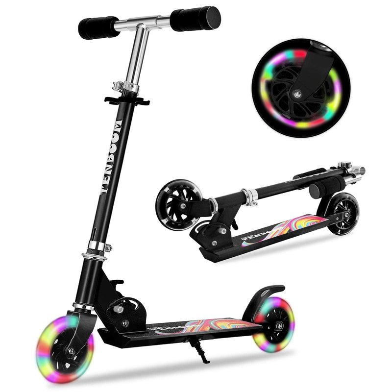 TENBOOM Scooter Toys for Kids Ages 6-12/3-5, Max Load 220 LBS, Foldable Lightweight Kick Scooter with Light Up Wheels, Kickstand, 3 Adjustable Levels, Rear Brake, Black