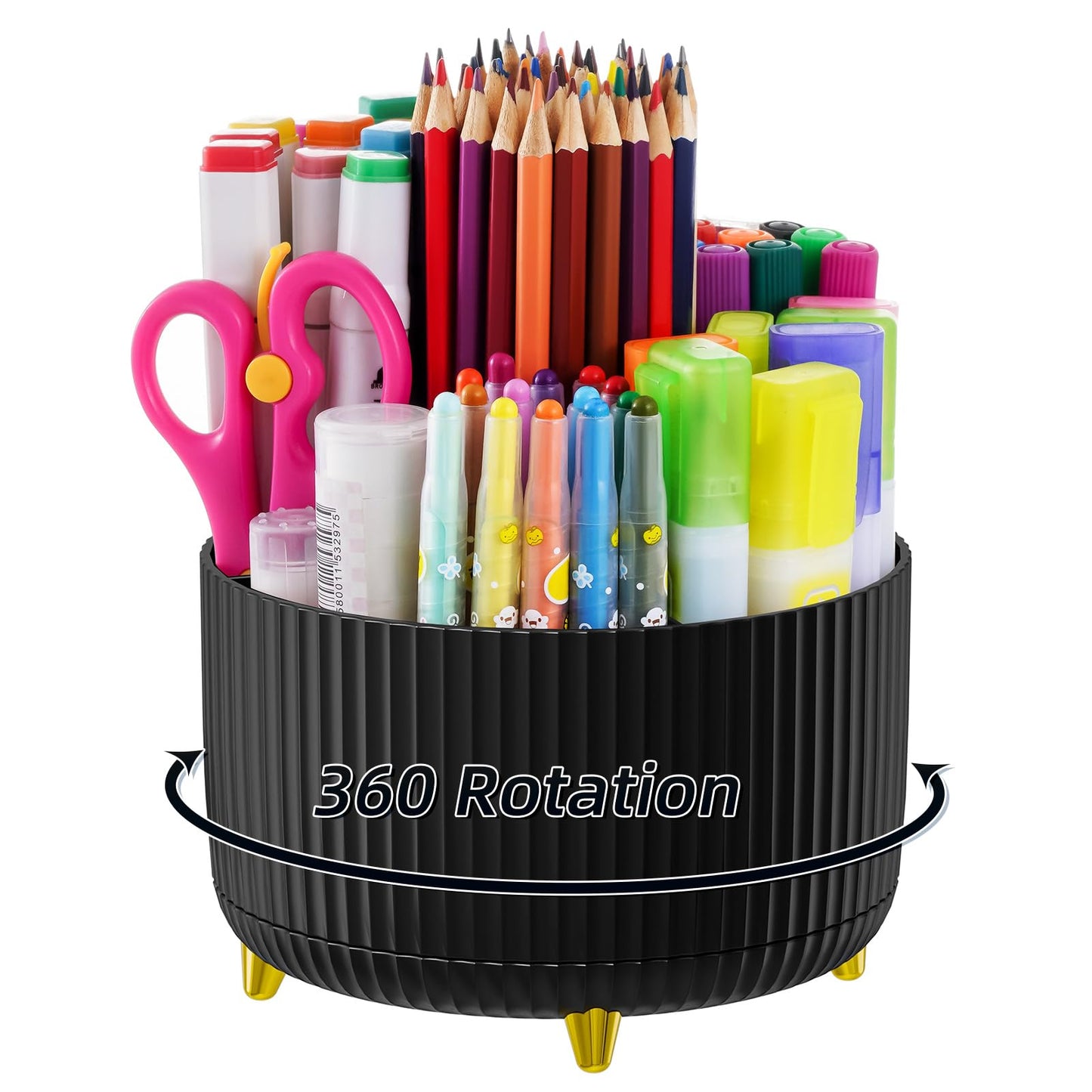 Marbrasse Desk Organizer, 360-Degree Rotating Pen Holder, Desk Organizers and Accessories with 5 Compartments Pencil Holder, Art Supply Storage Box Caddy for Office, Home (Black)