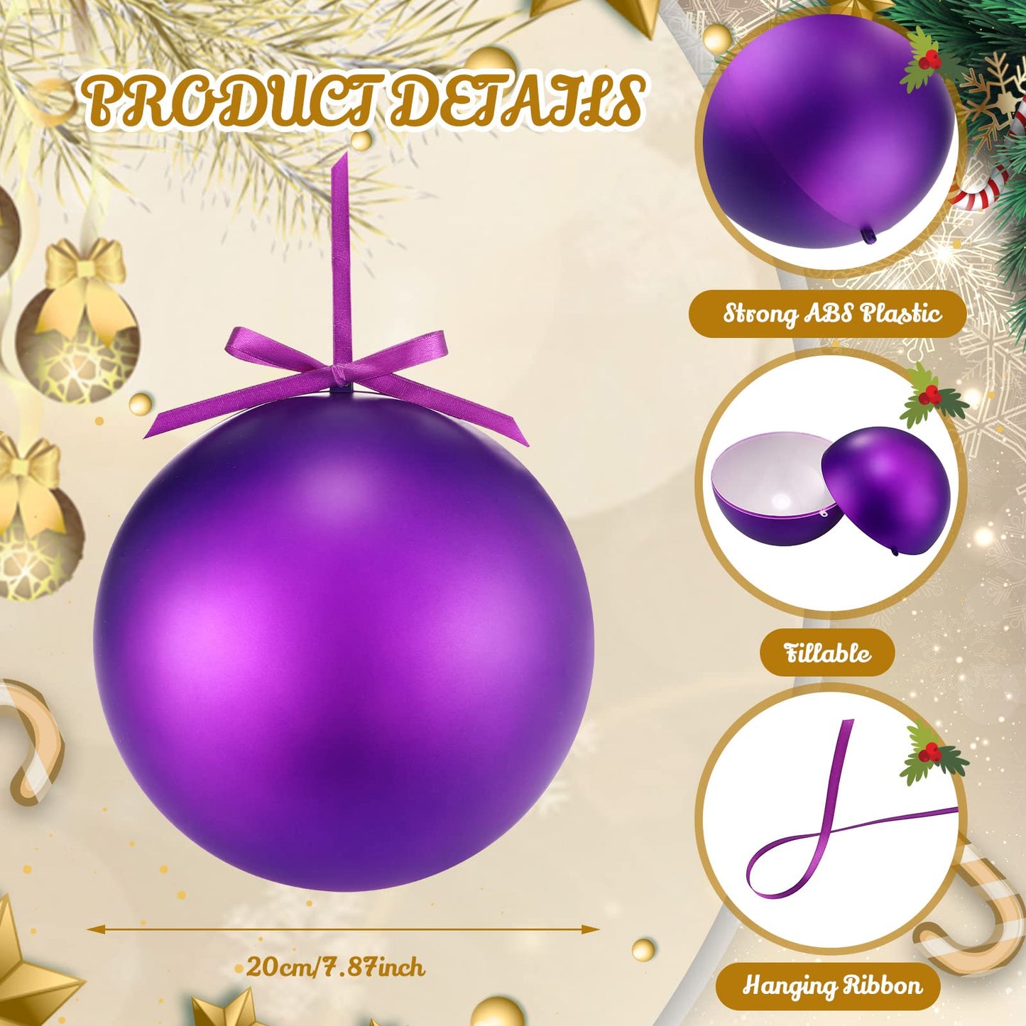 Zubebe 2 Pcs 8" Giant Fillable Christmas Ornaments with Ribbons Oversized Plastic Xmas Balls for Outdoor Lawn Yard Decor, Tree Hanging, Holiday Gifts(Matte Purple)