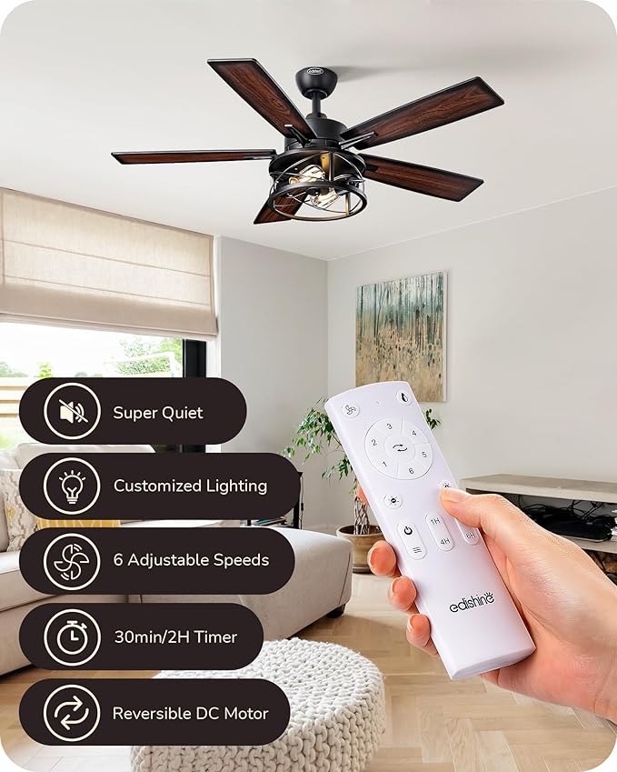 EDISHINE 42“ Farmhouse Ceiling Fans with Lights and Remote, 10%-100% Dimmable, 6 Speeds, Wood Blades, DC Reversible Motor, Timer, Noiseless, Small Rustic Ceiling Fan for Bedroom Living Room, UL Listed