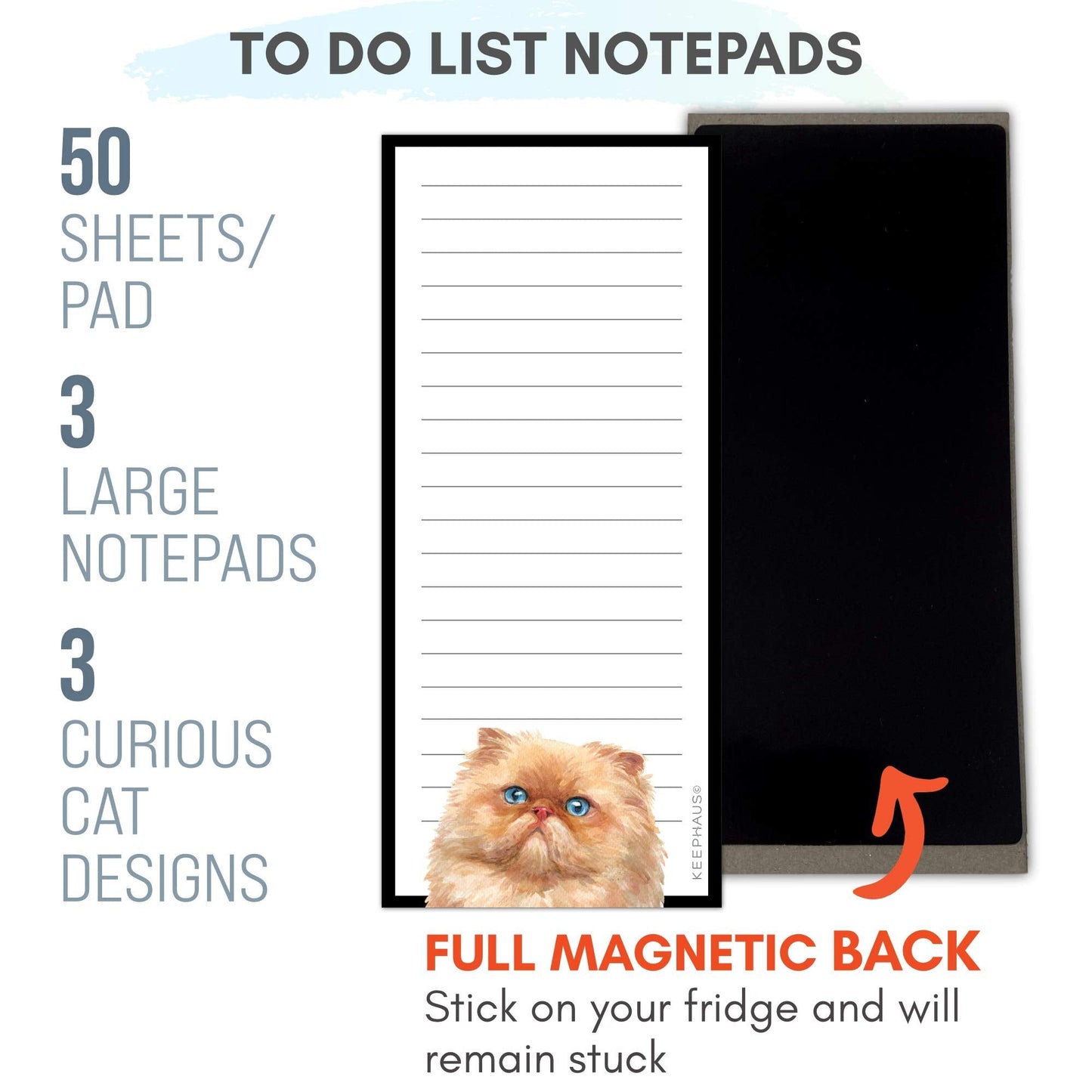 Curious Cats Magnetic To Do List Notepads (3 Pack); Grocery Shopping List Magnet Pad for Fridge; Magnetic Paper Pad for Reminders, Memo Pad and Scratch Pad; Cute Cat Designs | 50 Sheets per Note Pad