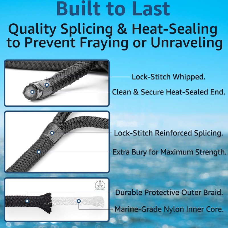 PACTHSD 4 Pack Dock Lines 3/8" x 15' - Marine Grade Nylon Boat Ropes with 12" Eyelet for Docking and Mooring - Double Braided Boat Lines, High Strength, Easy Handling, Fray Resistant - Black