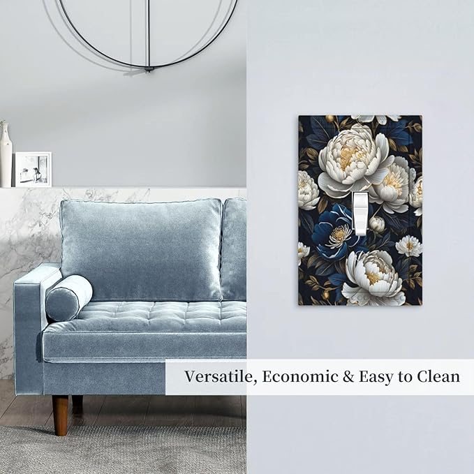 White Gold Blue Flower Light Switch Covers 1 Gang Single Toggle Wall Plate Decorative Switchcover Electrical Switchplate for Country Living Decor