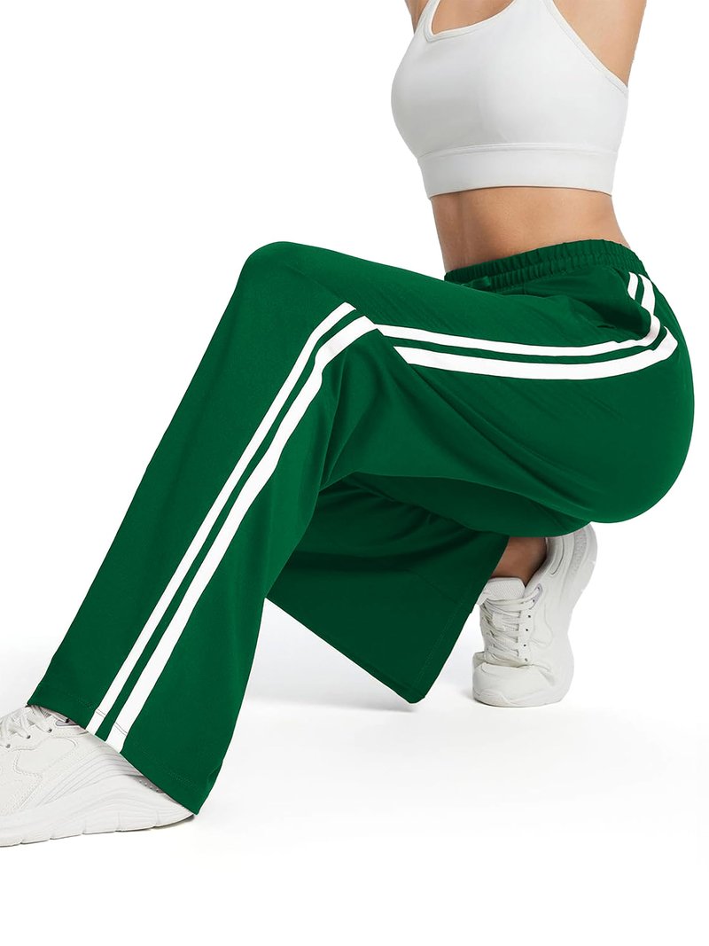 Tapata Petite Women 28" Inseam Warm Up Track Pants Wide Leg Sweatpants Lightweight Side Stripe Ladies Slacks Workout, Green, L