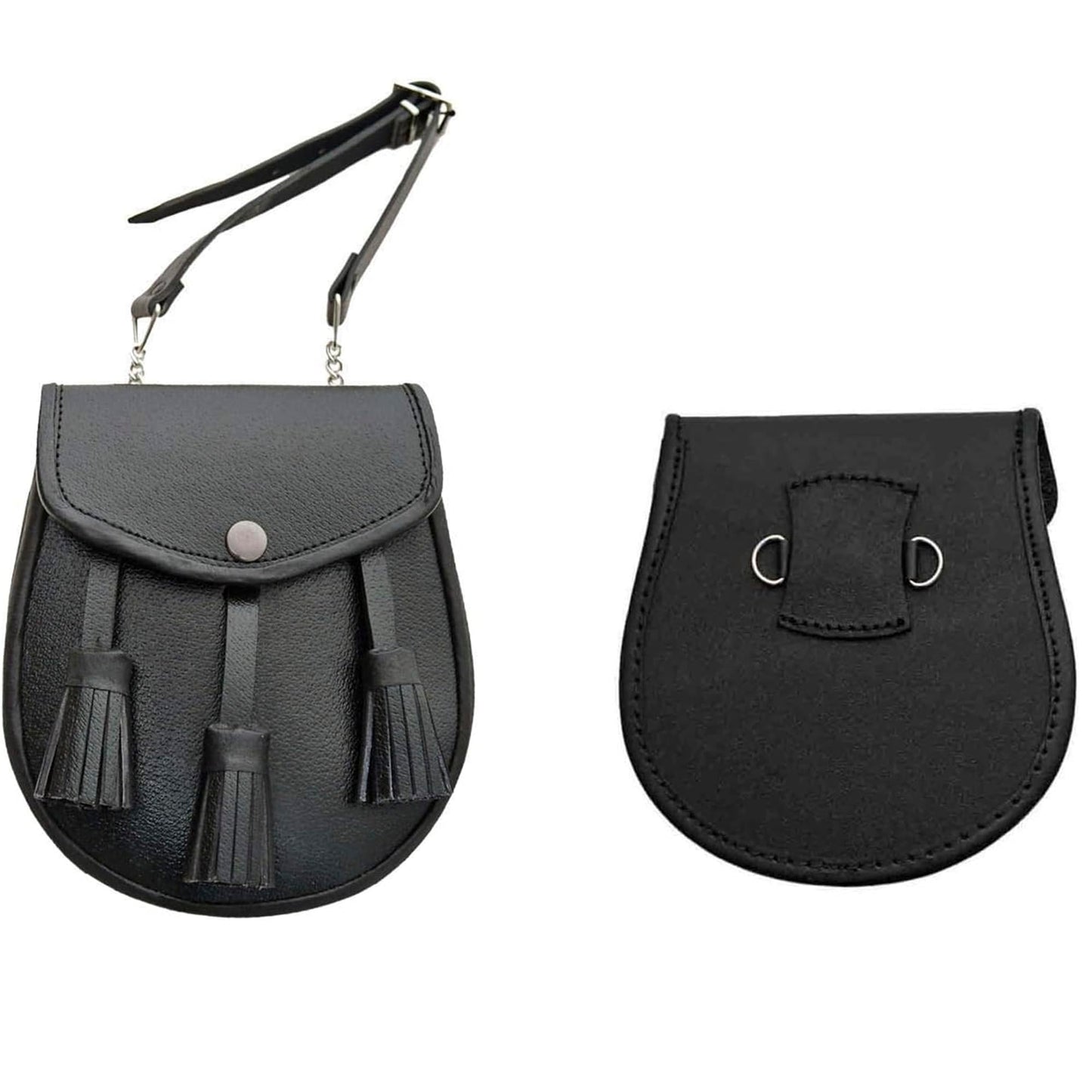 SZCO Medieval Sporran 8 Inch - Black Plain Celtic Style Leather Pouch with Tassels - Scottish Kilt Sporran with Chain Belt for Men - Medieval Bag for Costume & Renaissance Accessories